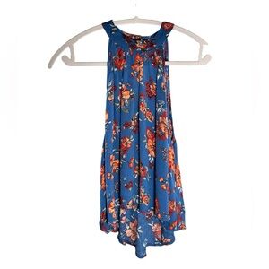 High Necked Cropped Flowy Tank Top | Blue w Orange Floral Design | Xhilaration M